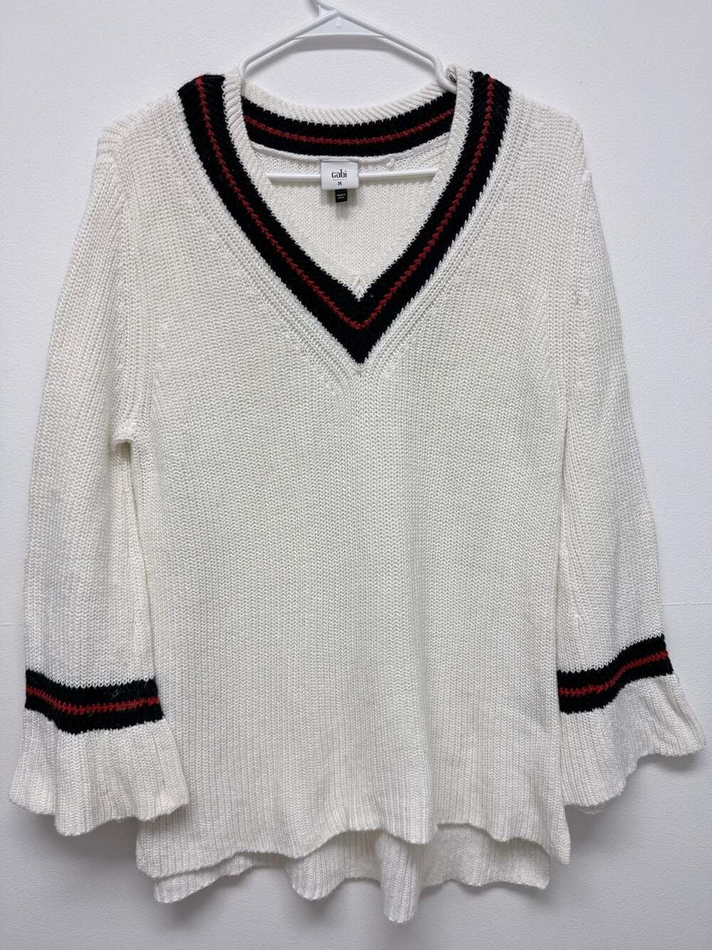 Cabi Women's 3/4 Bell Sleeve Knit Sweater Pullover V-Neck White Size M